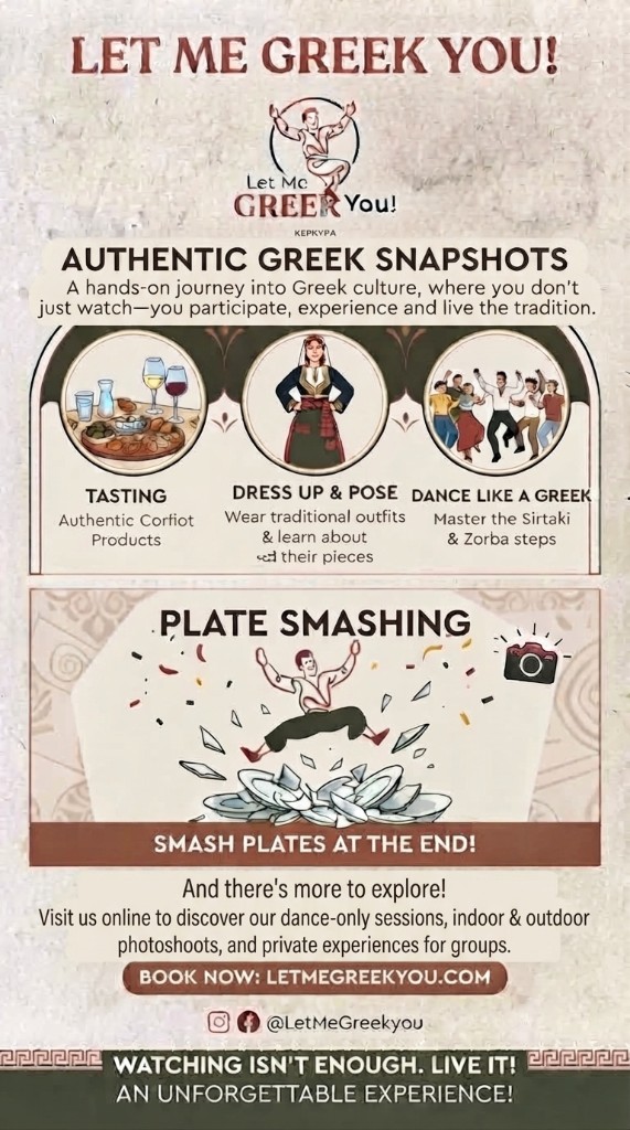 Illustrated poster of the Let Me Greek You visit: tasting, costume, dance, and plates.